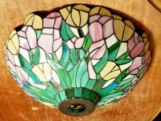 Vintage Tiffany Torchiere Style Stained Glass Light Shade Floral 15  Diameter