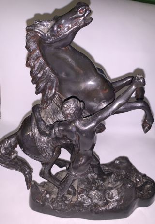 Vintage Cast Pot Metal Stallion Wild Horse Statue With Man On Base