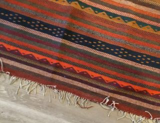 Woven Zapotec Rug,  Mexico,  Wool,  Stripes,  Zig Zags,  Red,  Green,  Mustard,  4 By 6 3