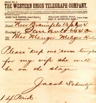 1874 Western Union Telegraph Braunfels Texas Jacob Schmitz Of Schmitz Hotel