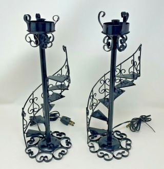 Wrought Iron Stairway Electric Hurricane Lamps Pair Vintage Set Of 2 13 " Tall
