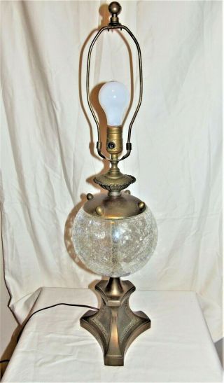 Vintage Art Deco Brass Architectural Table Lamp W Crackle Glass Globe 8357