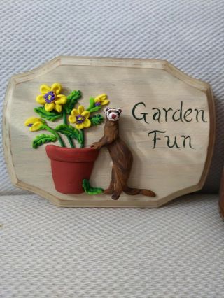 Ferret Having Garden Fun Wood Plaque With Flowers
