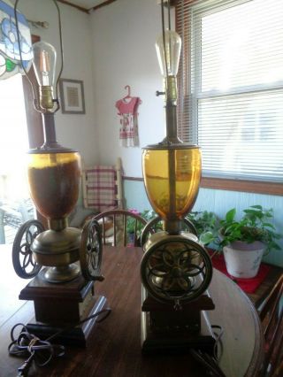 Vintage Wooden Brass And Glass Coffee Bean Grinder Lamp - Set Of 2