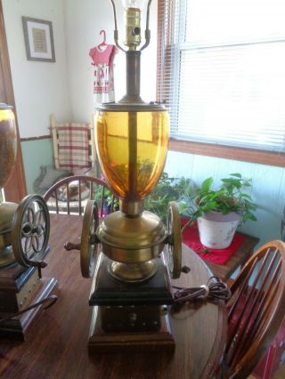 Vintage Wooden Brass and Glass Coffee Bean Grinder Lamp - Set of 2 2