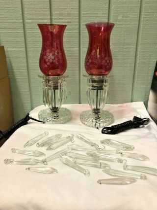 2 Vtg.  Ruby Flashed Cut To Clear Hurricane Glass Lamps W/ Crystal Prism Lustres
