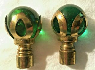 Vintage Antique Christmas Green Glass Ball Lamp Finials Brass Petal Metal