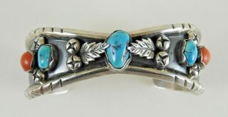 Wonderful Sterling Silver Navajo Turquoise & Coral Cuff Bracelet,  Signed M.  L.