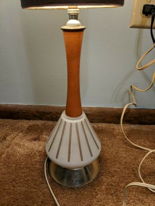 Vintage Sleek Retro Mid Century Modern Wooden Table Lamp And Shade