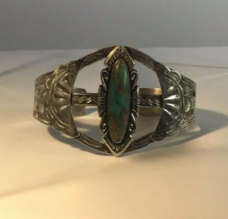 Old Pawn Bell Sterling Silver Turquoise Bracelet Fred Harvey Era Navajo Indian