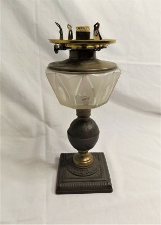 Vintage Art Deco Oil Lamp With Glass Font,  Iron And Brass Base,  Stunning