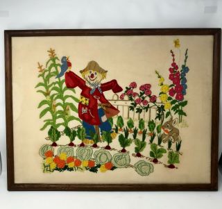 Vintage Wool Crewel Embroidery Scarecrow Flower Garden Finished Framed 26” X 20”