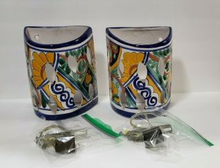 Set/2 Glazed Handpainted 8¼ " Talavera Pottery Wall Sconces Lanterns Light Covers