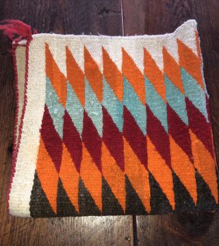Old Navajo Horse Blanket Colorful Woven Wool Orange - Red - Turquoise Rug 30” Sq. 2
