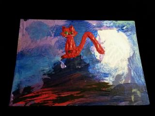 Painting Big Red Cat & Full Moon Art Trading Card Aceo Fantasy Landscape Animal