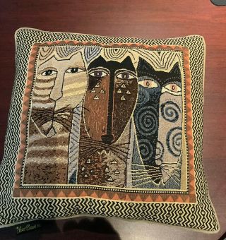 Laurel Burch Cat Tapestry Throw Pillow Home Decor Black Brown Tan 18 "