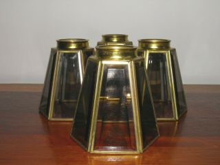 Set Of 4,  Vintage,  Beveled Smoky Glass,  Brass Frame,  Hexagon Shape Lamp Shades
