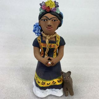 Josefina Aguilar Clay Figure Frida Kahlo Black Dress Brown Dog Mexican Folk Art