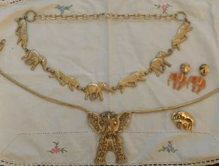 Vintage Elephant Jewelry Articulated Necklace Clip On Orange Crystal Earrings