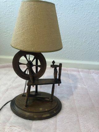 Vintage Wooden Spinning Wheel Table Lamp with Shade 3