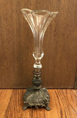 Vintage Victorian Glass Trumpet Vase 14 " Tall Ornate Metal Base