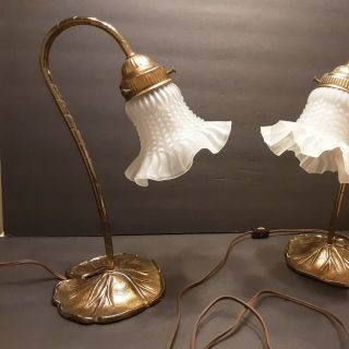 Vintage Brass Lily Table Lilly Lamp Set Pair Goose Neck Mid Century Modern Gold 2