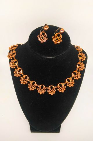 Vintage Estate Renoir Copper Necklace And Clip - On Earring Set Signed