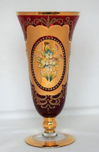 Vintage Bohemian Czech Art Glass Ruby Red 24k Gold Raised Enamel Flowers Vase