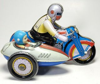 Vintage Qsh 605 Ms - 709 Motorcycle W/ Sidecar Tin Toy Wind Up Made In China