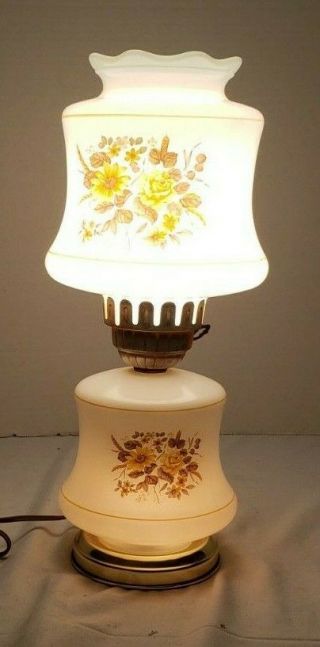 Vintage Milk Glass Hurricane Styled Table Lamp W/3 - Way Light Brown Floral Design