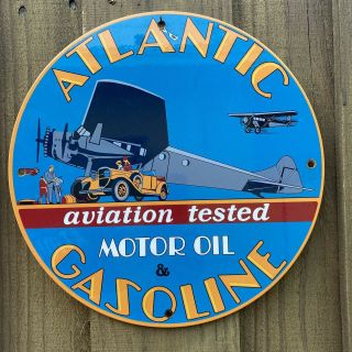 Vintage Atlantic Motor Oil Gasoline Porcelain Metal Sign Aviation Gas Air Plane