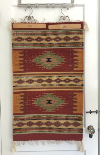 Handmade Mexican Zapotec Wool Rug Brick Red,  Orange Sage Green Tan Yellow Blue