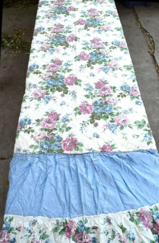 2 Vtg 1940 Cattan Blue Pink Roses Quilted Top Taffeta Ruffle Twin Bedspreads USA 2