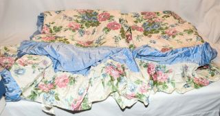 2 Vtg 1940 Cattan Blue Pink Roses Quilted Top Taffeta Ruffle Twin Bedspreads USA 3