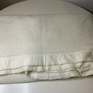 Vintage Thermal Blanket Acrylic Nylon Satin Trim White Waffle Weave 65x77