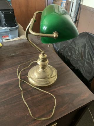 Very Old Vintage Lamp With Green Glass Shade Gold Base