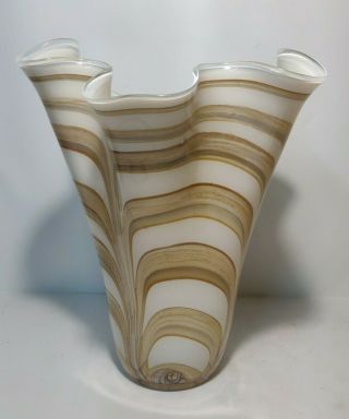 Large Vintage Hand - Blown Art Glass Brown Tan Swirl Ruffle Top Vase 13.  5 " Tall