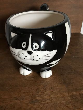 Pier 1 Imports Chubby Cat Tuxedo Zebra Stripe Black White Coffee Mug Cup Whimsy
