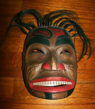 A Dramatic Carved & Painted Nw Coast Style Shaman Mask With Horse Hair 9 1/2 " H