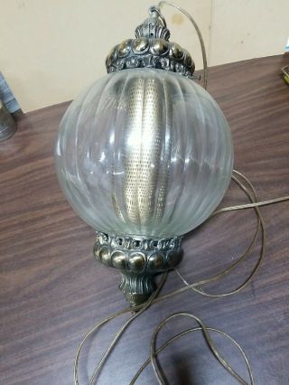 Vintage Ribbed Glass Globe Hanging Swag Lamp Mid Century/hollywood