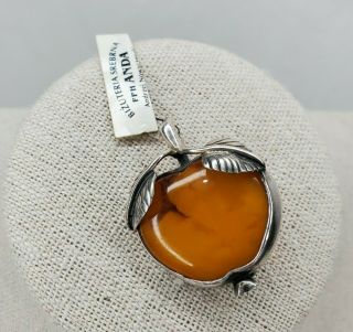 Vintage Sterling Silver Baltic Amber Apple Brooch Pendant 925 Pin
