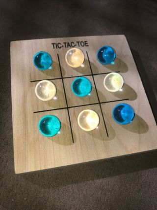 4” X 4” Desk Hand - Crafted Wood Tic - Tac - Toe Game W/ 9 Blue & Clear Marbles