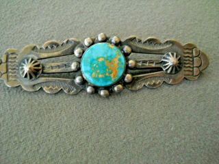 Old Native American Turquoise Sterling Silver Stamped Pin Brooch