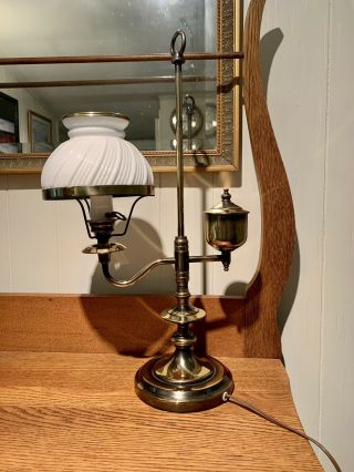 Vintage Student Lamp Electric Desk Light Brass Milk Glass Globe Hurricane
