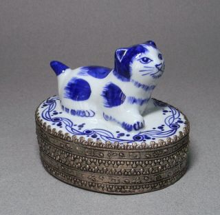 Metal Trinket Box W/ Chinese Blue & White Pottery Cat Lid