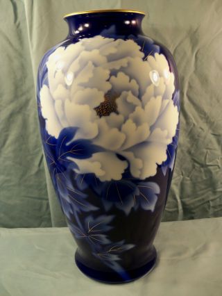 Huge Fukagawa Porcelain Cobalt Blue Vase W/ White Peony Flower Design 15 " Tall