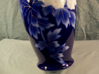Huge Fukagawa Porcelain Cobalt Blue Vase w/ White Peony Flower Design 15 