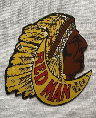 Vintage Red Man Indian Chew Tobacco Porcelain Sign Car Truck Oil Gas Gasoline