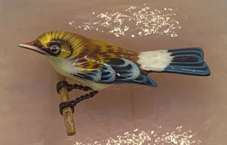 Estate Vintage Takahashi Warbler Blue Yellow Red Bird Wood Carved Painted Brooch
