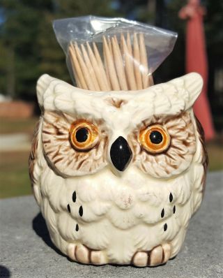 Vintage Owl Toothpick Holder Ceramic Fairway Japan Birds Raptors Great Horned